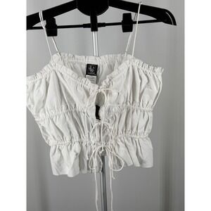 La Armario White Smocked Ruffle Cami Crop Top NWT XL Cottagecore Boho Tie Front